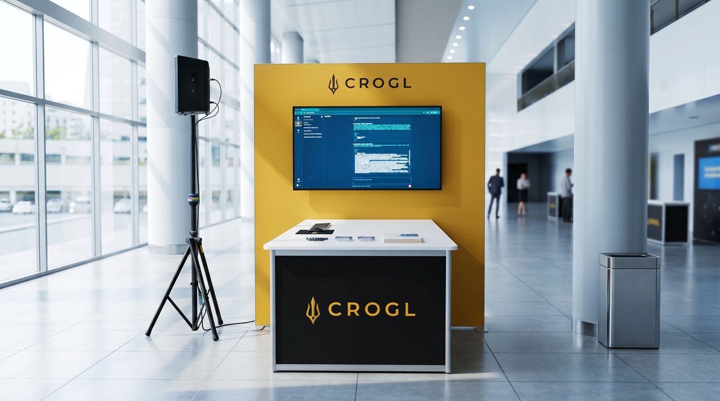 Crogl demo booth with a gold backdrop, screen, and navy counter with the trident logo