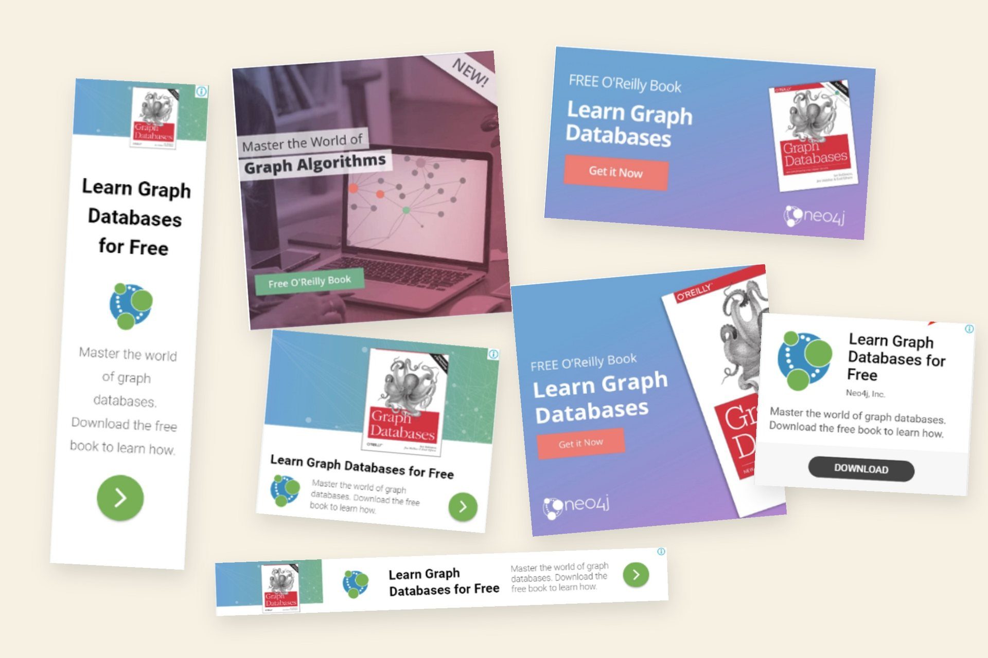 One Neo4j campaign across Google, Facebook, Instagram, and LinkedIn ads, each with different colors, buttons, and layouts