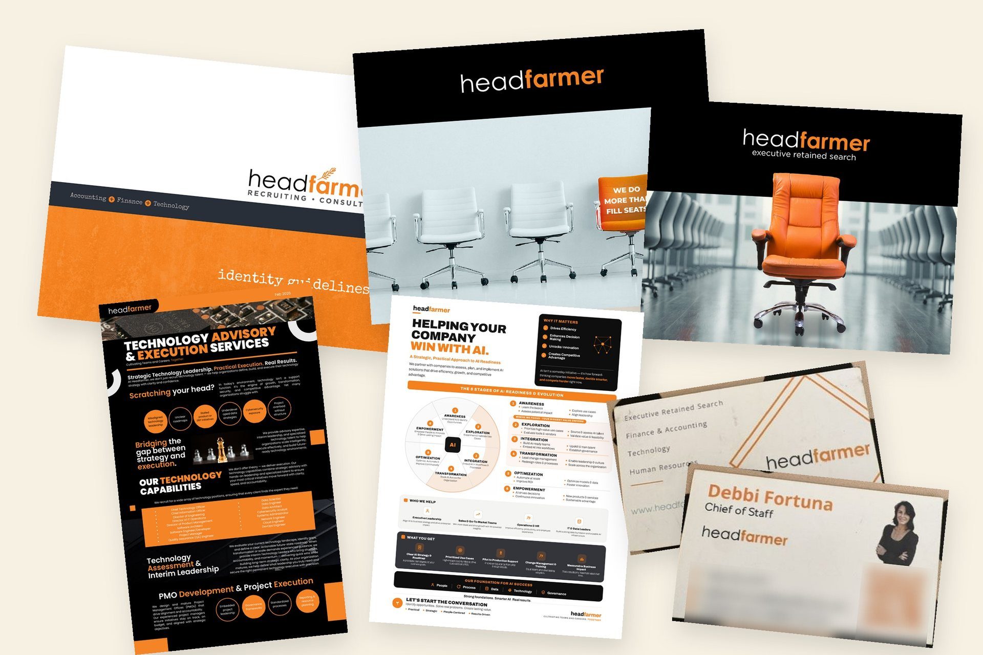 Headfarmer materials before the rebuild: the 2020 identity guide, capability and retained search decks, one-pagers, and two mismatched business cards