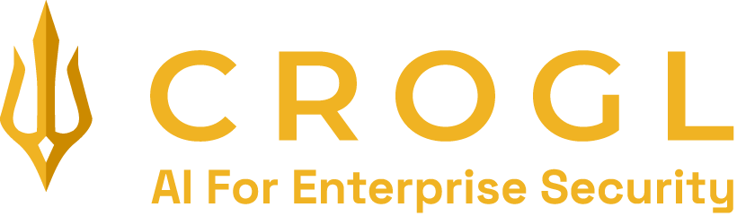 Crogl logo lockup in trident orange: the trident icon beside the CROGL wordmark with the tagline AI For Enterprise Security
