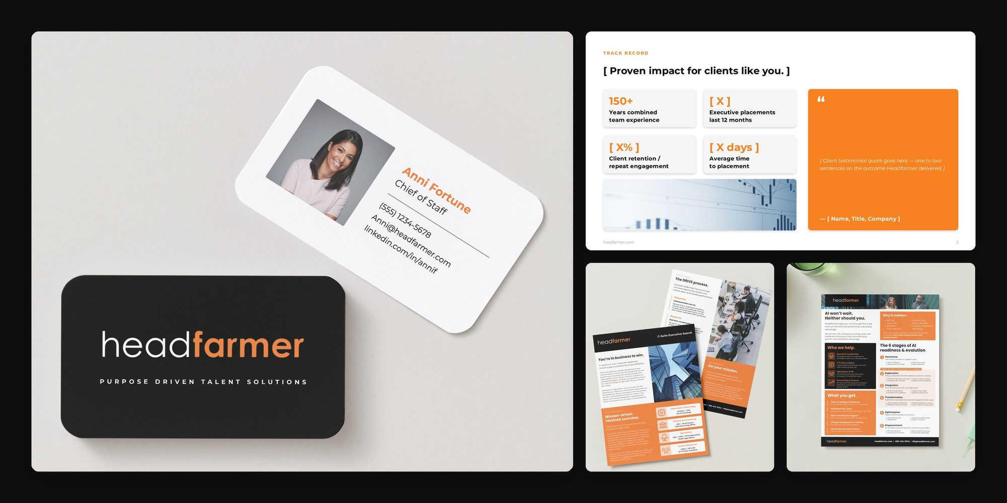 The rebuilt Headfarmer brand in use: black and white business cards, the pitch deck proven impact slide, and the C-Suite and AI Readiness one-pagers, on black