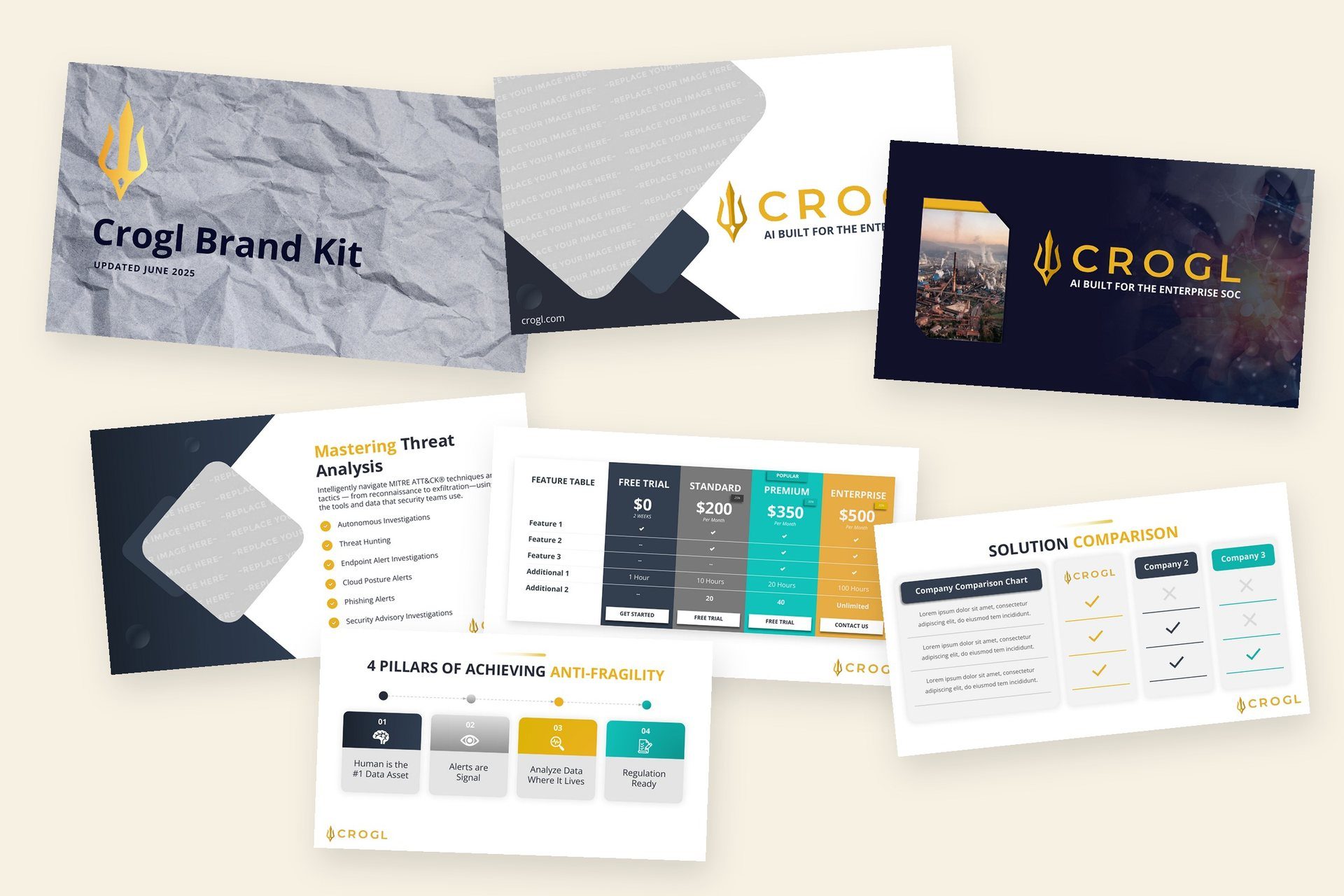 Crogl materials before: a crumpled-paper brand kit cover and presentation slides in clashing styles and accent colors