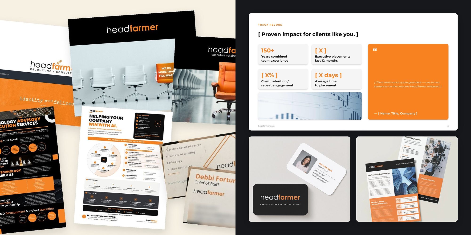 Headfarmer before and after: the old mismatched guides, decks, and business cards on the left, and the rebuilt pitch deck stat slide, business cards, and C-Suite one-pager on black on the right