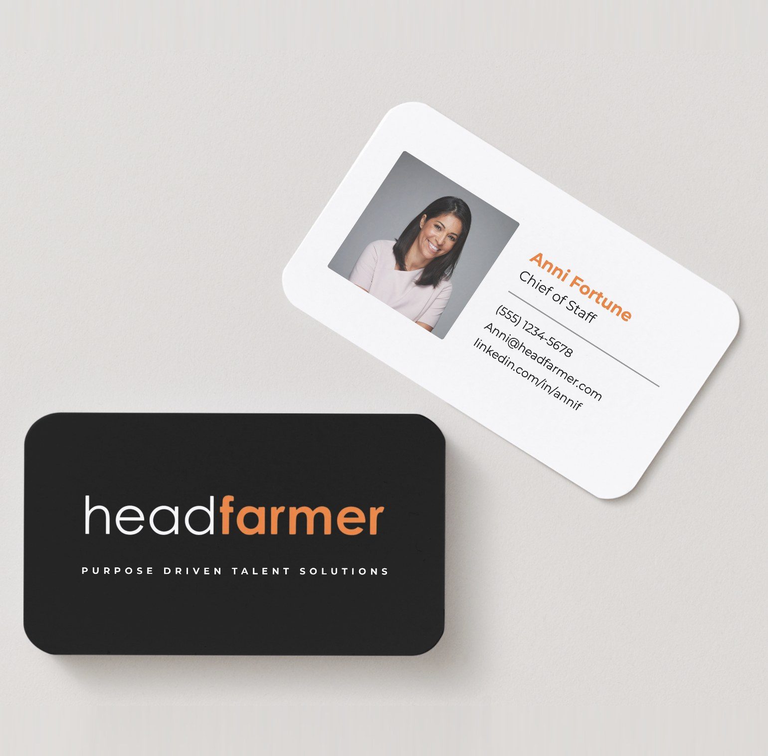 Headfarmer business cards: a black card with the headfarmer wordmark and the tagline Purpose Driven Talent Solutions, and a white card with a team headshot and contact details