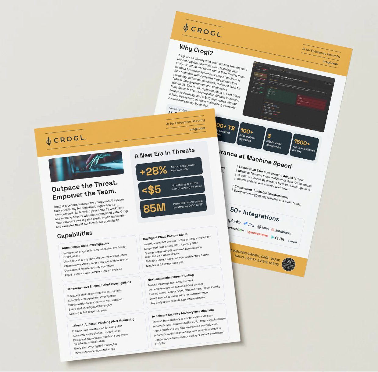 Crogl GovCro capabilities sheet, front and back, with the trident orange header and navy stat blocks