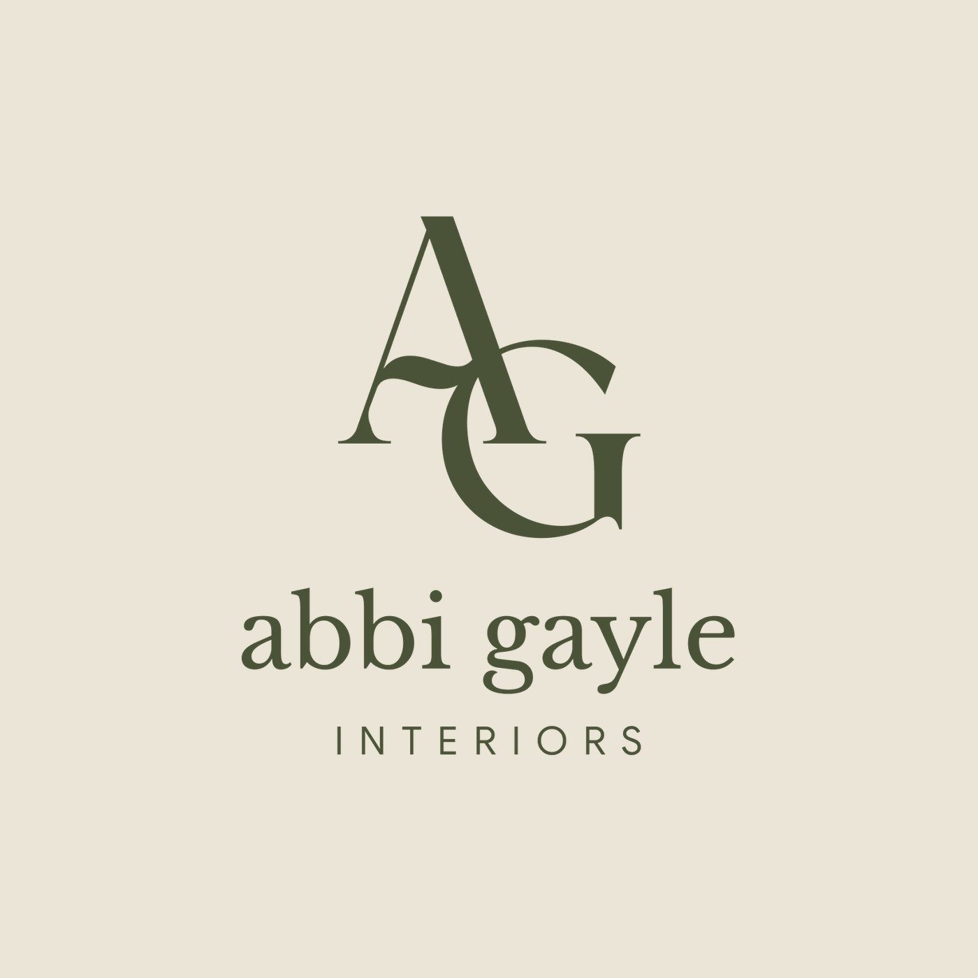Abbi Gayle Interiors logo: an AG monogram above the abbi gayle wordmark and INTERIORS, in olive on cream