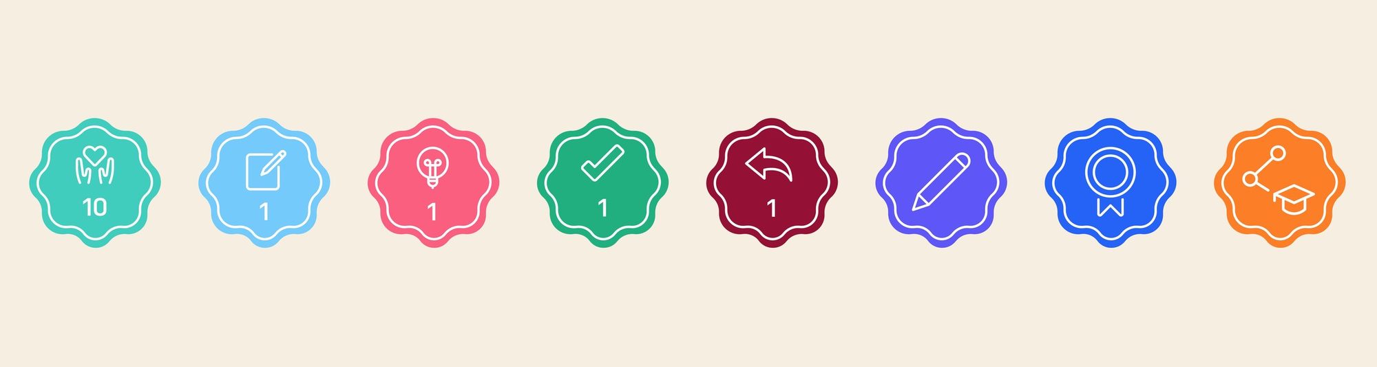 Eight Neo4j community badges in a row, each a different color with a shared scalloped shape