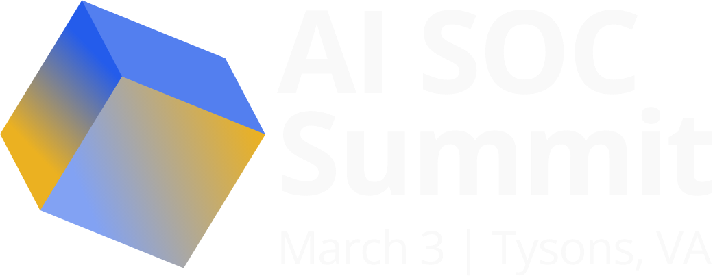 AI SOC Summit logo, a blue and gold gradient cube beside the event name in white, March 3, Tysons, VA