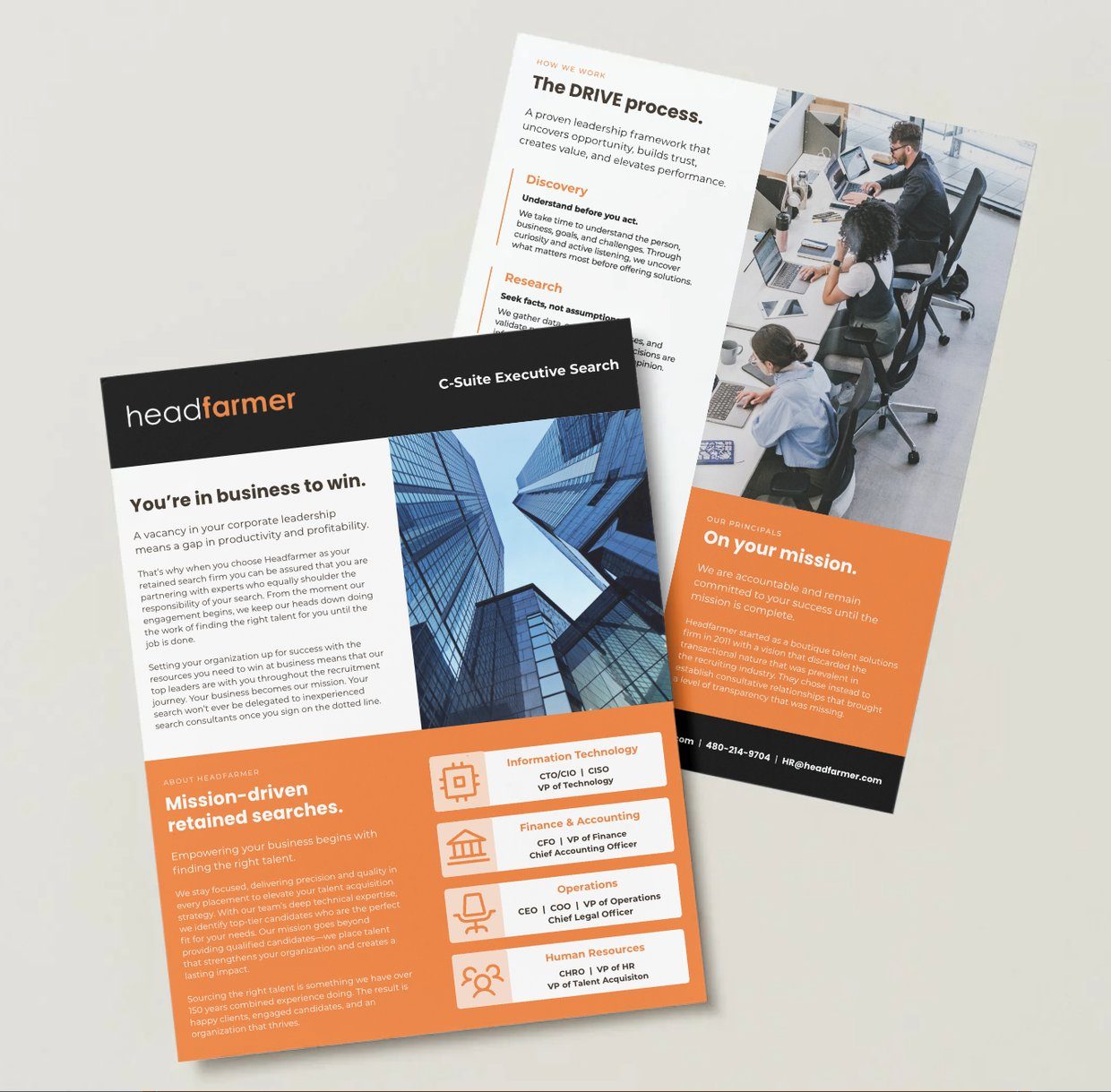 Headfarmer C-Suite Executive Search one-pager, front and back, printed and laid on a table