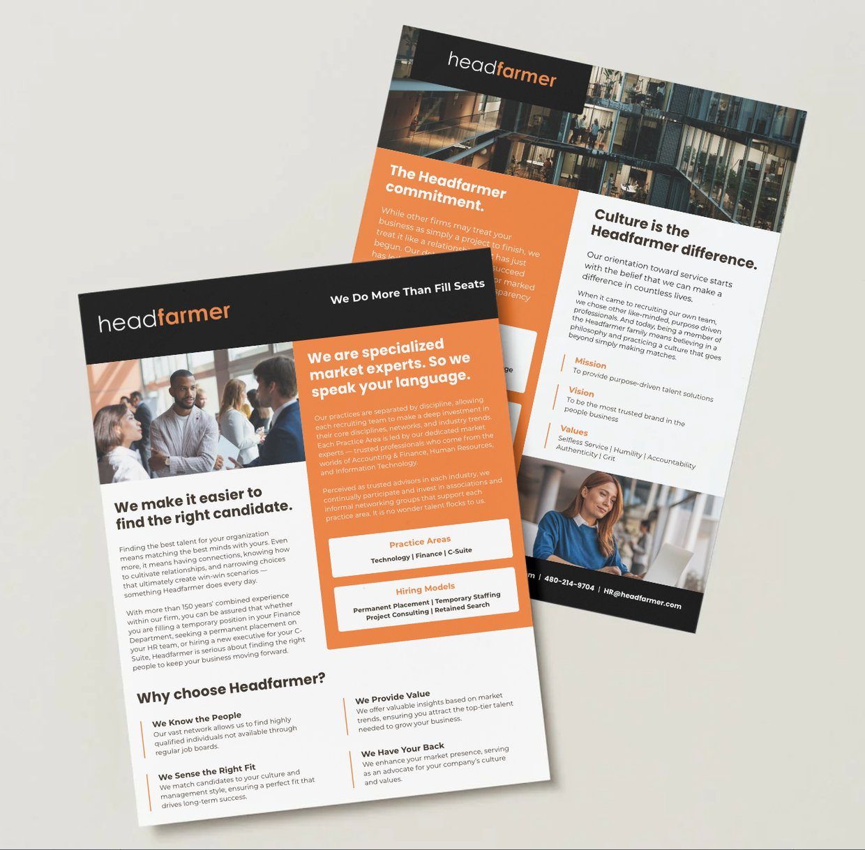 Headfarmer About Us one-pager, front and back