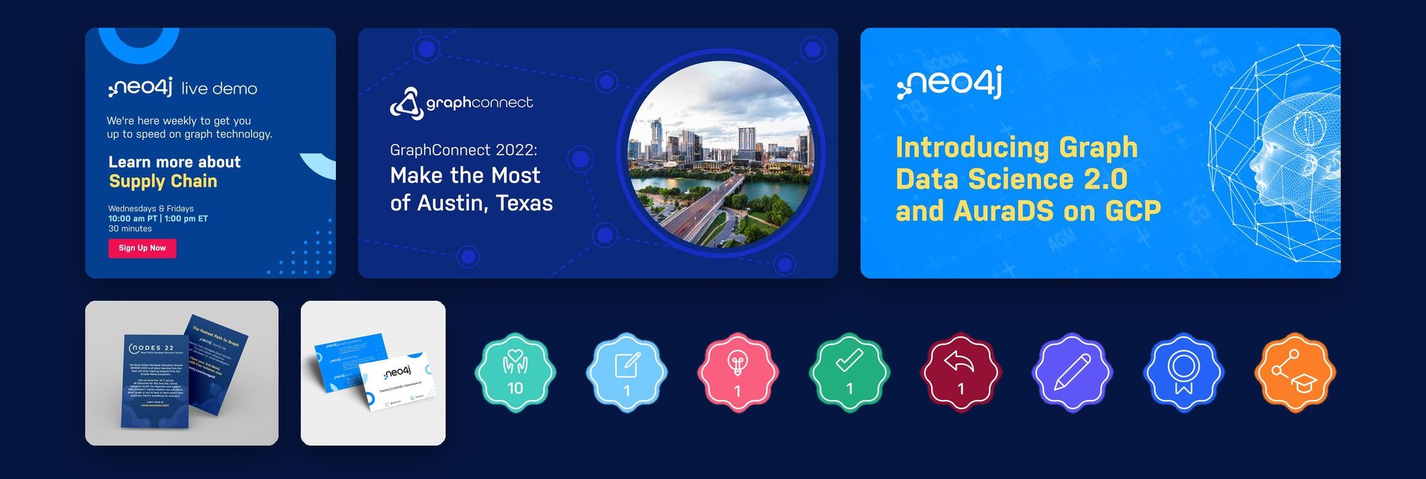 Neo4j sub-brand family on navy: a live demo ad, GraphConnect and Graph Data Science launch banners, the NODES postcard, developer cards, and eight community badges