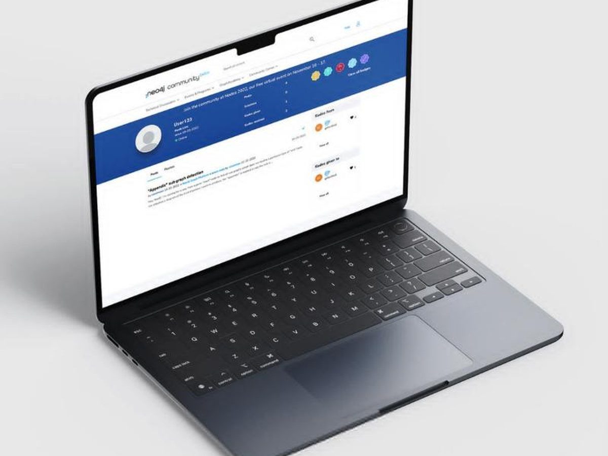 Neo4j community profile page on a laptop, showing the badges in use