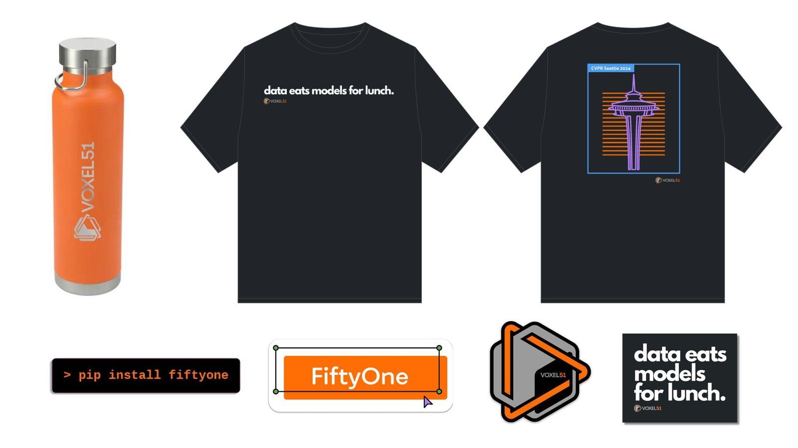 Voxel51 swag: orange water bottle, CVPR Seattle 2024 shirt front and back, and stickers
