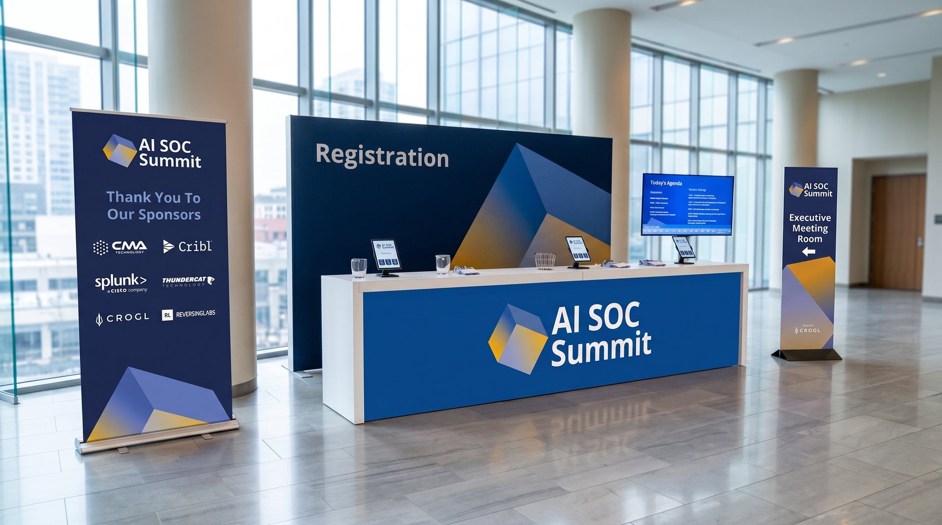 AI SOC Summit registration desk designed for Crogl, with a sponsor banner and wayfinding sign in blue and gold
