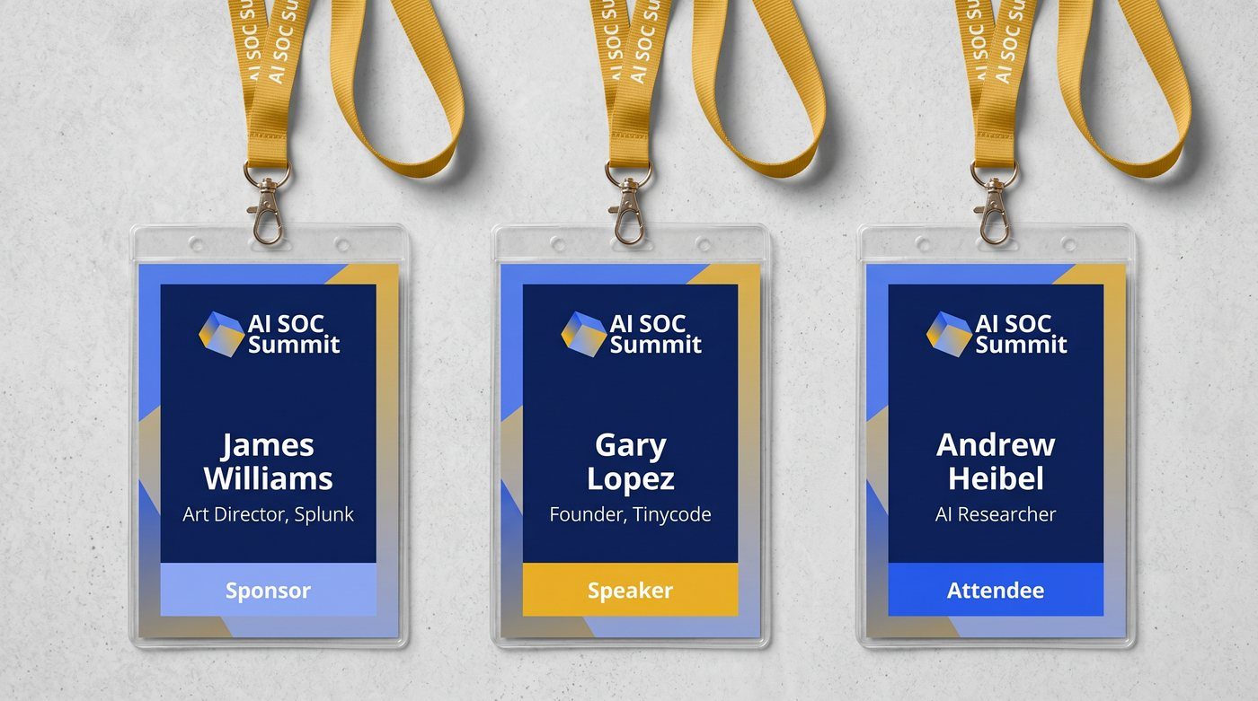 Three AI SOC Summit badges on gold lanyards for sponsor, speaker, and attendee