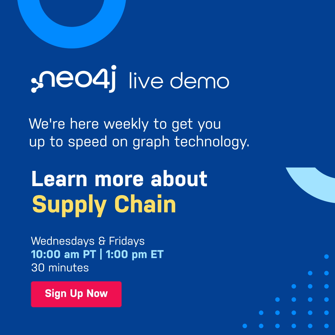 Animated Neo4j live demo ad for a weekly supply chain session
